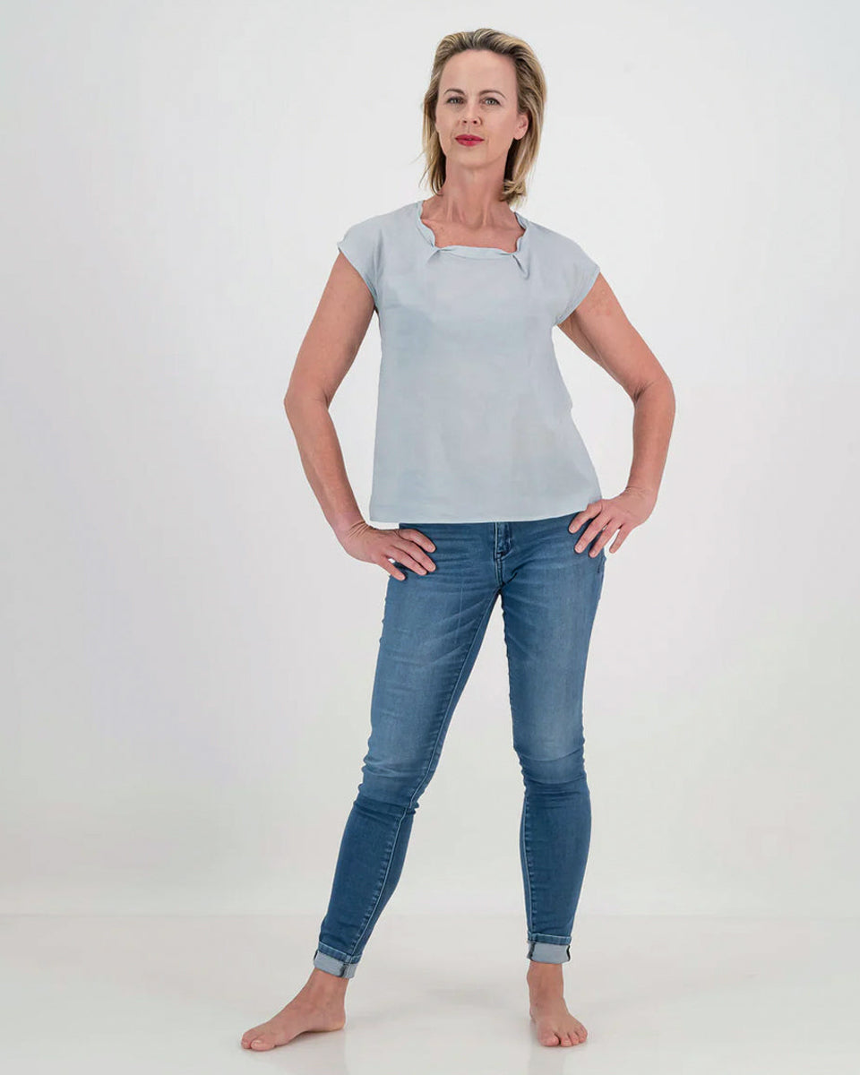 ada pleat neck top - blue mist