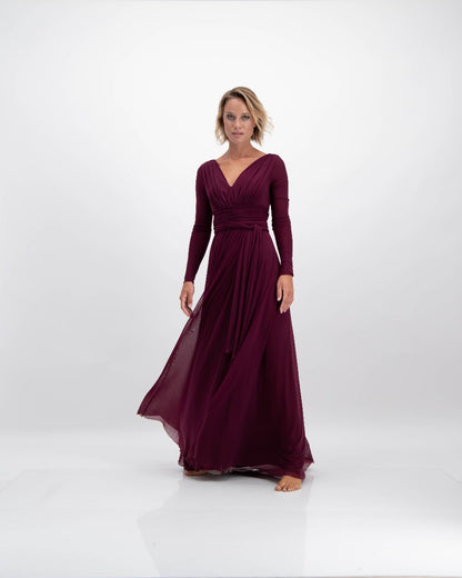 ethereal long sleeve helena dress in burgundy by Lunar