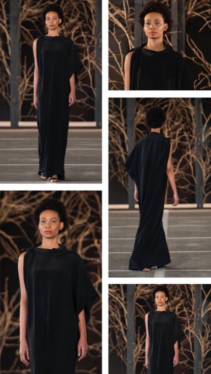 Multiple views of modelwearing a black LUNAR kari dress. Loose fitting dress on SA Fashion Week runway