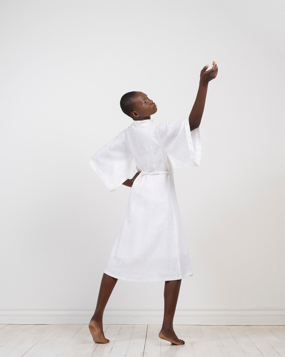 white linen kimono wrap dress by Lunar 