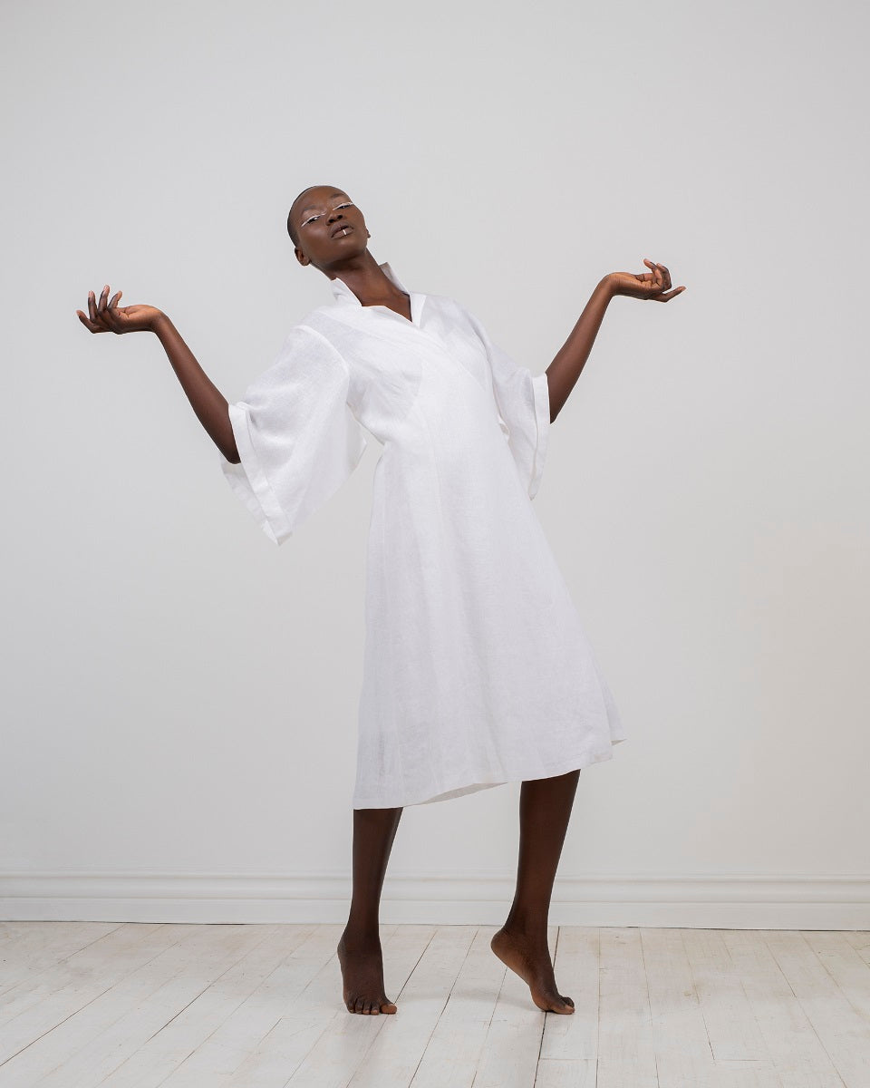 white linen kimono wrap dress by Lunar 