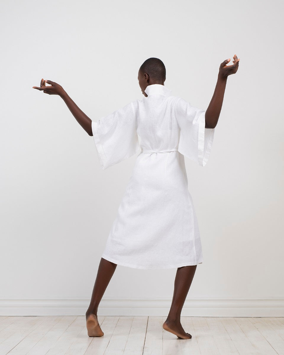 white linen kimono wrap dress by Lunar 