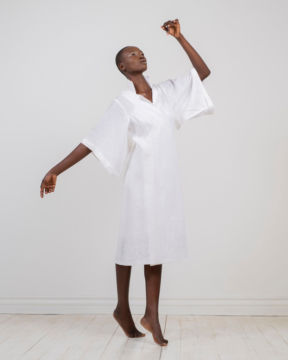white linen kimono wrap dress by Lunar 